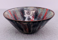 Red, Black, Teal Enameled Striped and Smudged Bowl