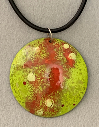 Yellow and Red Enameled Copper Disc Pendant with Leather Cord