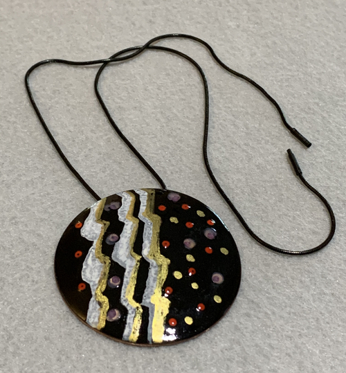 Black & Gold Beaded Enameled Copper Disc Necklace