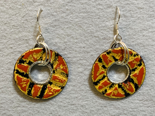 Black, Gold and Red Enameled Flat Hoop Earrings