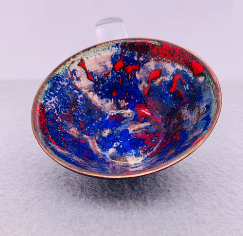 Blue, Red, and Copper Enameled Bowl
