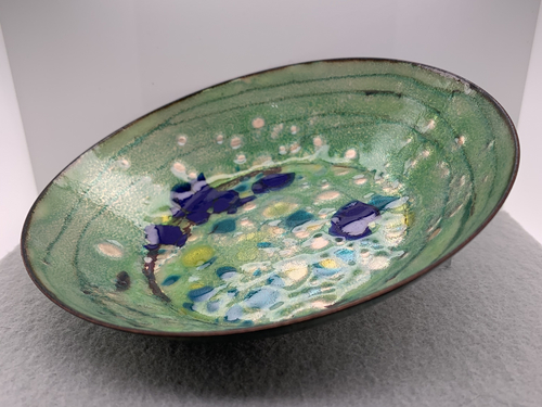 Green, Turquoise & Blue Enameled Low Bowl