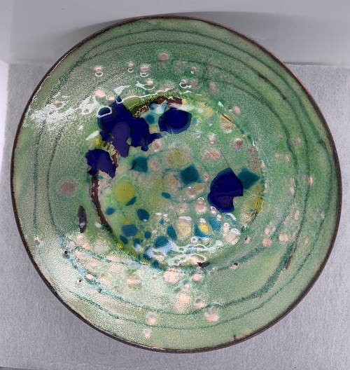 Green, Turquoise & Blue Enameled Low Bowl