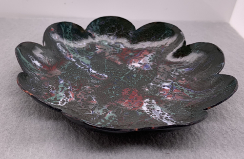 Black, Green, Red and White Crackle Enameled Scalloped Dish