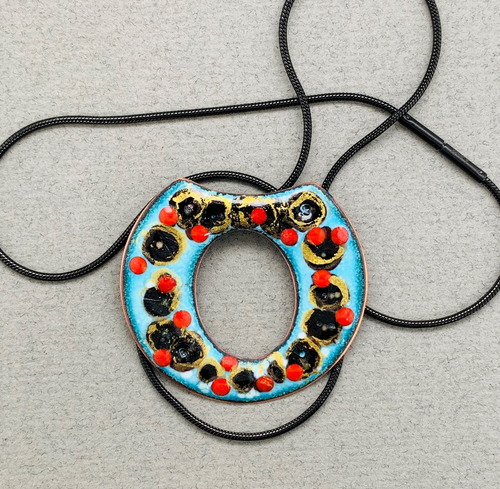 Blue Enamel and Beaded Flat Open Disc Pendant