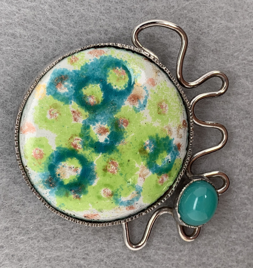 Green Enameled Disc Pin with Teal Stone
