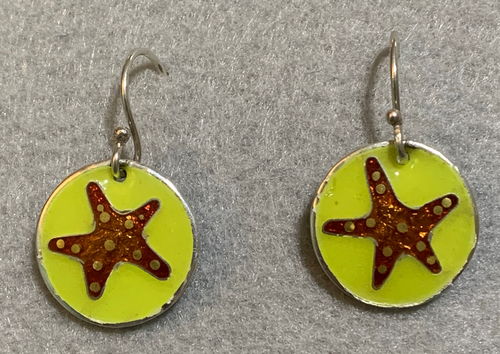 enameled cloisonné starfish earrings on fine silver with 24 karat gold dots