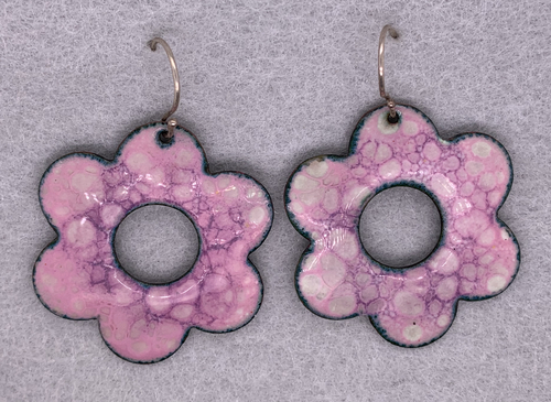 Pink Enameled Open Flower Dangle Earrings