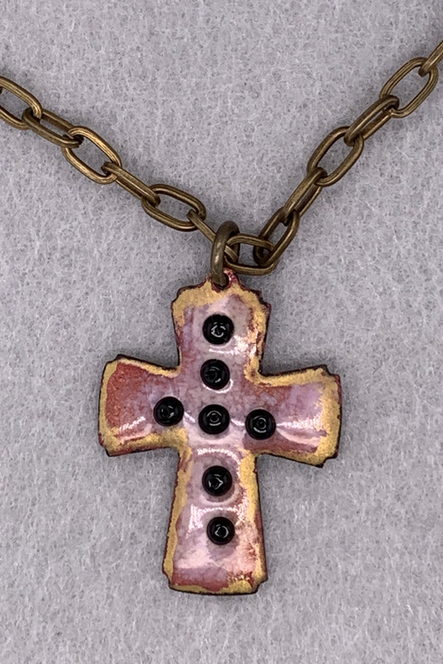 Black Beaded Enameled Copper Cross Pendant