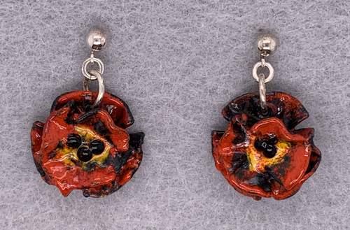 Red & Black Enameled Poppy Flower Earrings