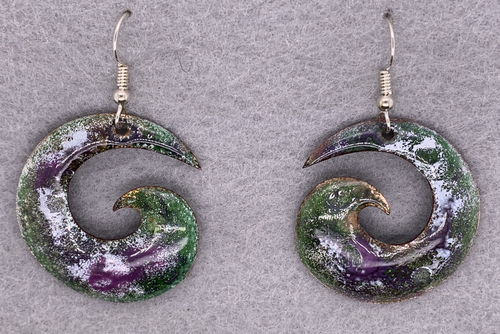 Green & Purple Enameled Swirl Dangle Earrings