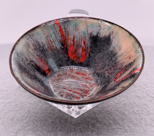 Red, Black, Teal Enameled Striped and Smudged Bowl