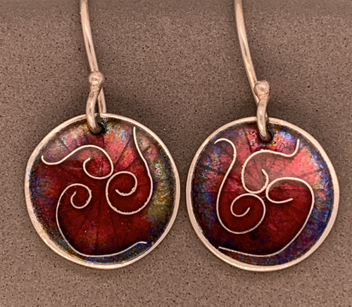 Red Cloisonné Enameled Disc Earrings with Swirl Design