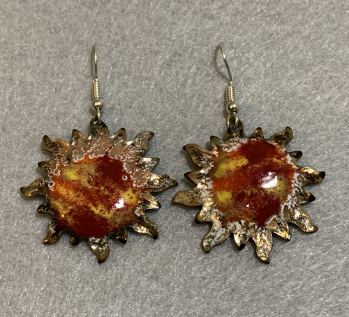 Red and Gold Enameled Sun Earrings