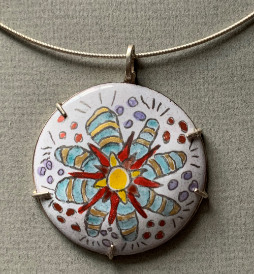 Colorful Painted Flower Enameled Disc Pendant