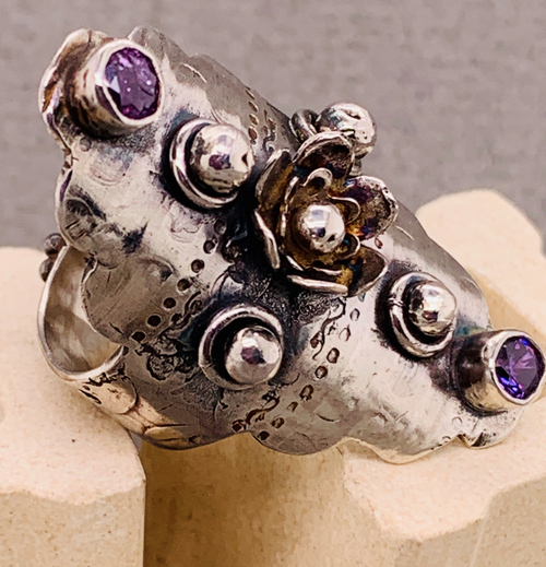 Chunky Oblong Sterling Silver Ring with Amethyst Stones