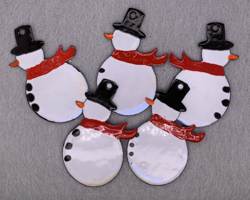 Enameled Copper Snowman Ornaments with Red Scarves