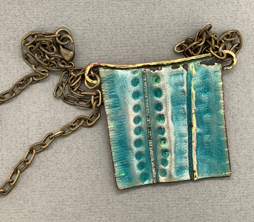 Teal Green Enameled Pendant on Brass Chain