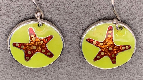 enameled cloisonné starfish earrings on fine silver with 24 karat gold dots