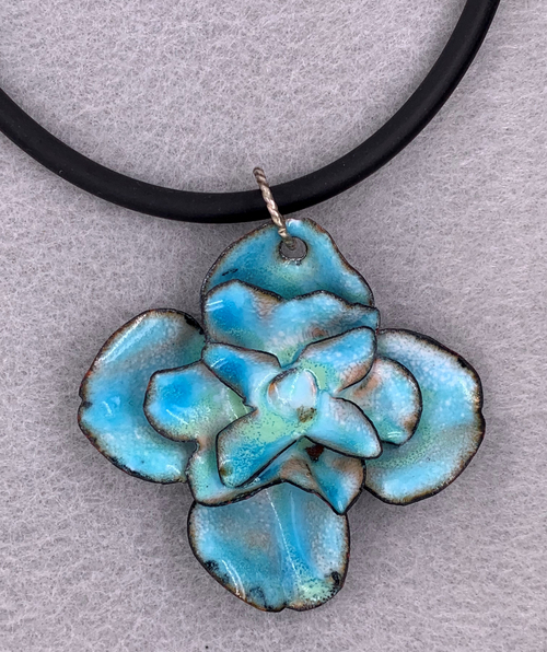 Copper Enameled Teal Flower Pendant