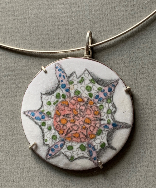 Green, Blue and Orange Accented White Enamel Disc Pendant