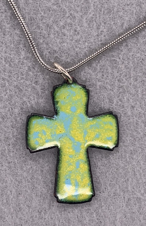 Yellow and Blue Enameled Copper Cross Pendant