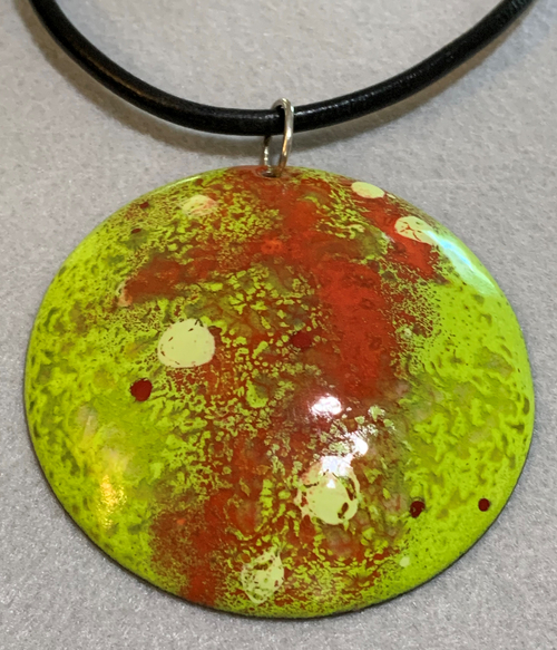 Yellow & Red Enameled Copper Disc Pendant