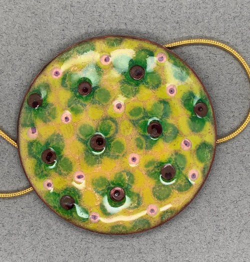 Yellow and Green Enameled Disc Pendant with Glass Beads