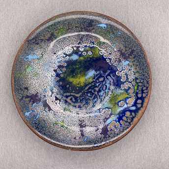 Enameled Blue, Green and White Crackle Dish