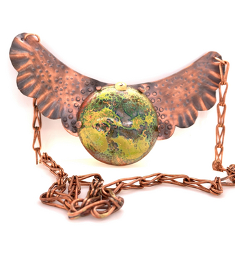 Winged copper and enameled necklace