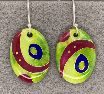 Enameled Cloisonné Oval Earrings with Blue and Red Accents