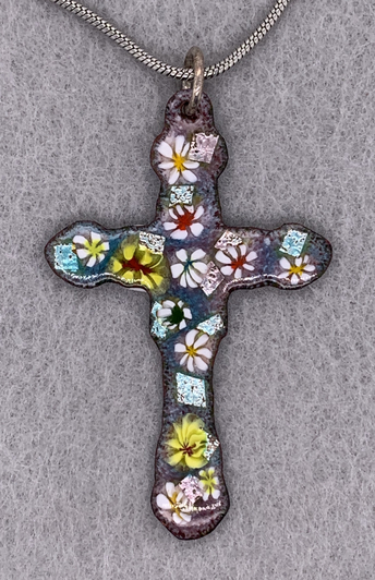 Enameled Flower Designed Cross Pendant