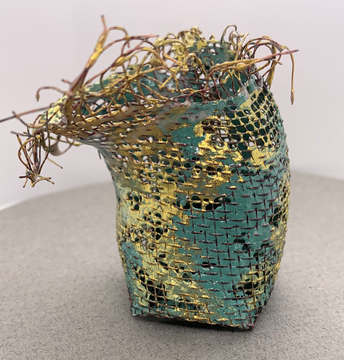 Green Enameled and Copper Mesh Vase