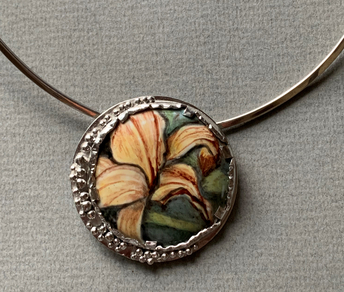 Orange and Green Painted Enameled Flower Disc Pendant