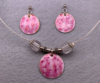 Pink Enameled Disc Earrings and Pendant Set