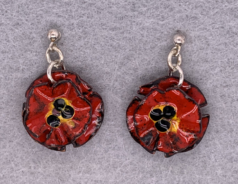 Red & Black Enameled Poppy Flower Earrings
