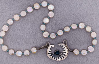 Sterling Silver and Stone Pendant on Pearl and Aquamarine Beaded Necklace