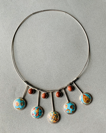 Uniquely Designed Colorful Enameled and Stone Neckpiece