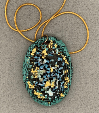 Teal, Black, Blue and Gold Oval Enamel and Beaded Pendant