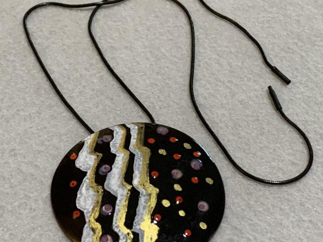 Black & Gold Beaded Enameled Copper Disc Necklace