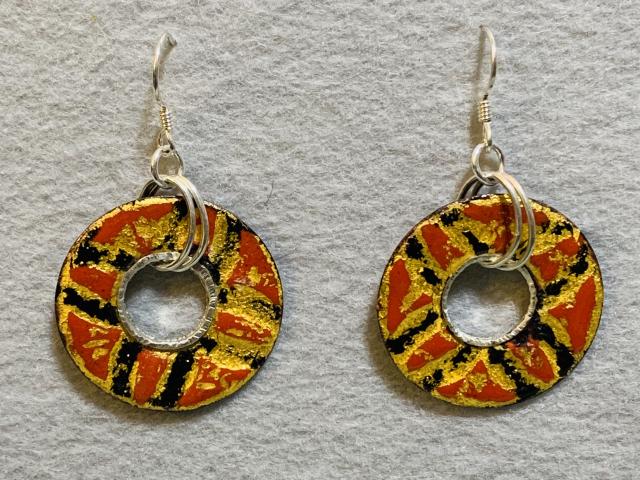 Black, Gold and Red Enameled Flat Hoop Earrings