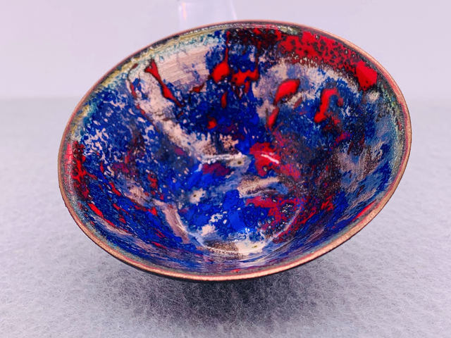 Blue, Red, and Copper Enameled Bowl