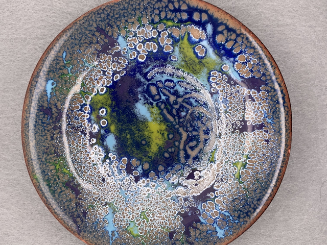 Enameled Blue, Green and White Crackle Dish