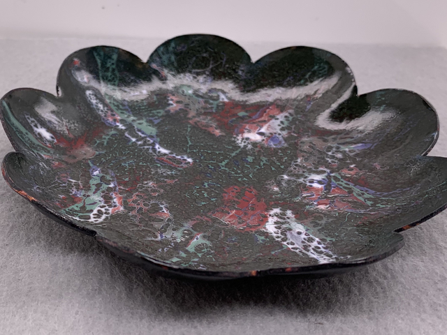 Black, Green, Red and White Crackle Enameled Scalloped Dish