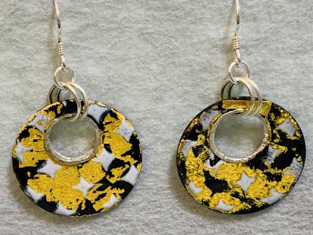 Black and Gold Enameled Flat Hoop Earrings