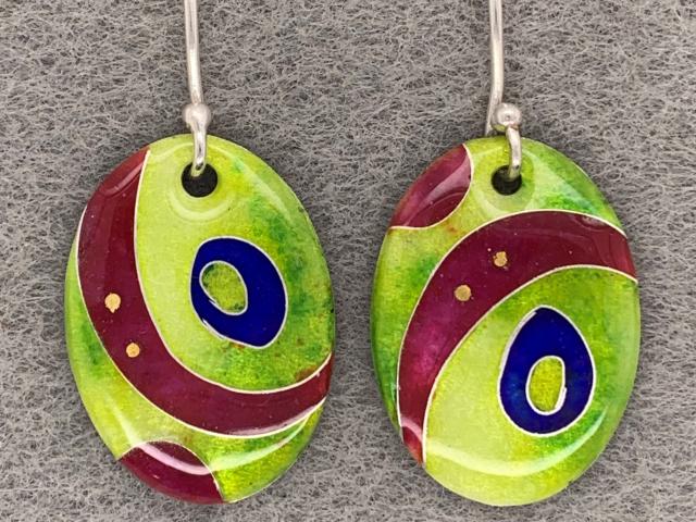 Enameled Cloisonné Oval Earrings with Blue and Red Accents