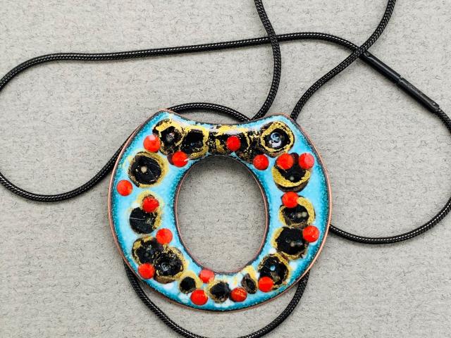 Blue Enamel and Beaded Flat Open Disc Pendant