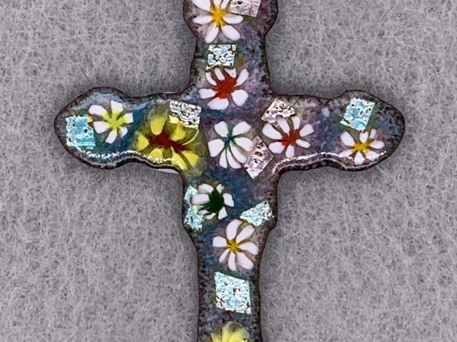 Enameled Flower Designed Cross Pendant