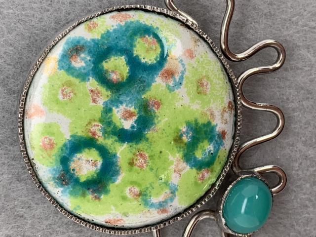 Green Enameled Disc Pin with Teal Stone