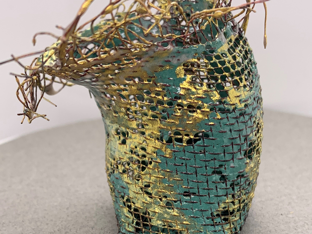 Green Enameled and Copper Mesh Vase